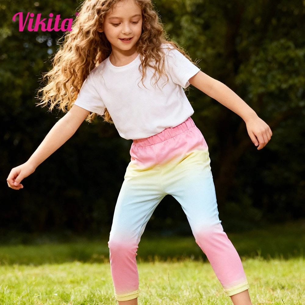 

VIKITA Радужные красочные леггинсы для девочек и малышей, детские яркие градиентные уютные повседневные модные брюки с эластичной резинкой на талии, повседневные модные брюки, брюки