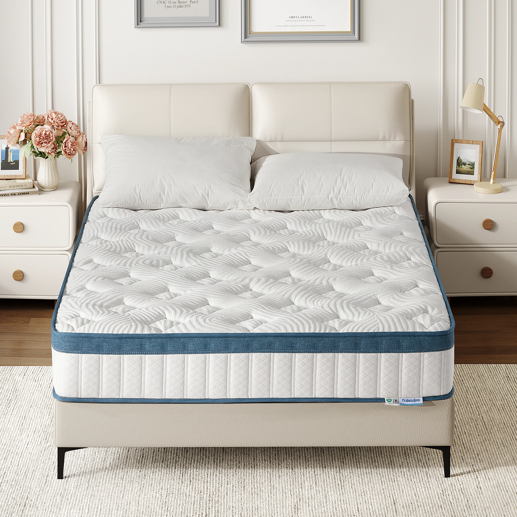 Matelas Tribesigns 160x200x25cm, matelas à ressorts ensachés 7 zones H3 moyen, matelas à ressorts orthopédique certifié OEKO-TEX - White and blue