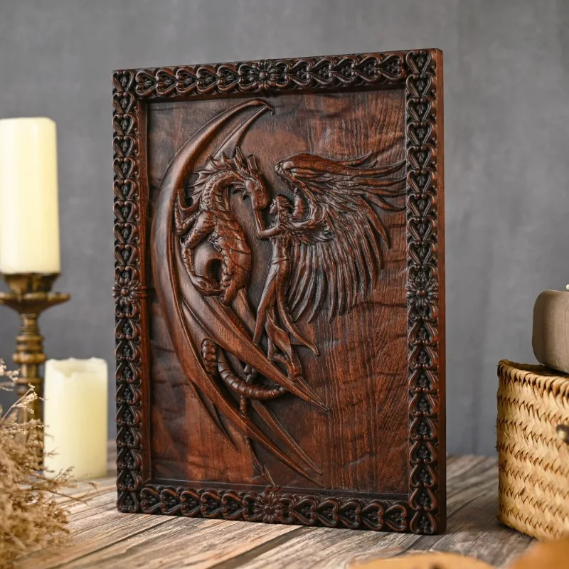 Handcrafted Beech Wood Carving Wall Art Girl and Dragon Fantasy Relief Panel Gothic Mythical Decor