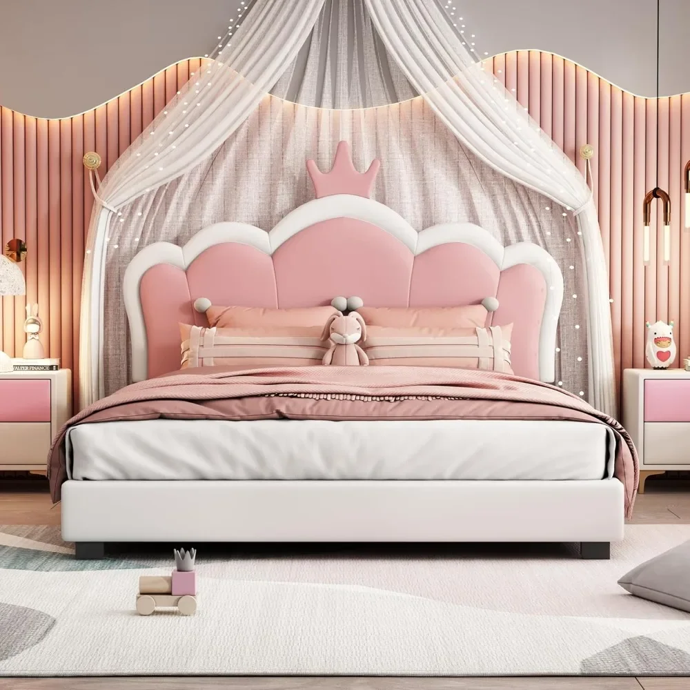 Full Size Upholstered Princess Bed with Crown Headboard, Full Size Platform Bed with Headboard and Footboard Suitable for girls