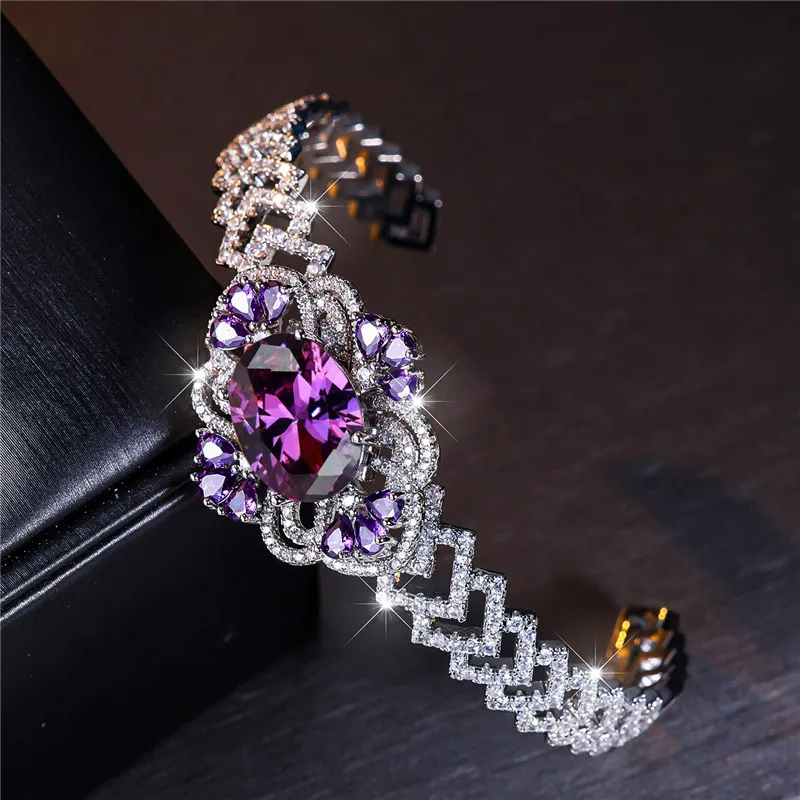 Charm Female Purple Zircon Stone Oval Bracelet Cute Silver Color Adjustable Summer Wedding Jewelry For Women