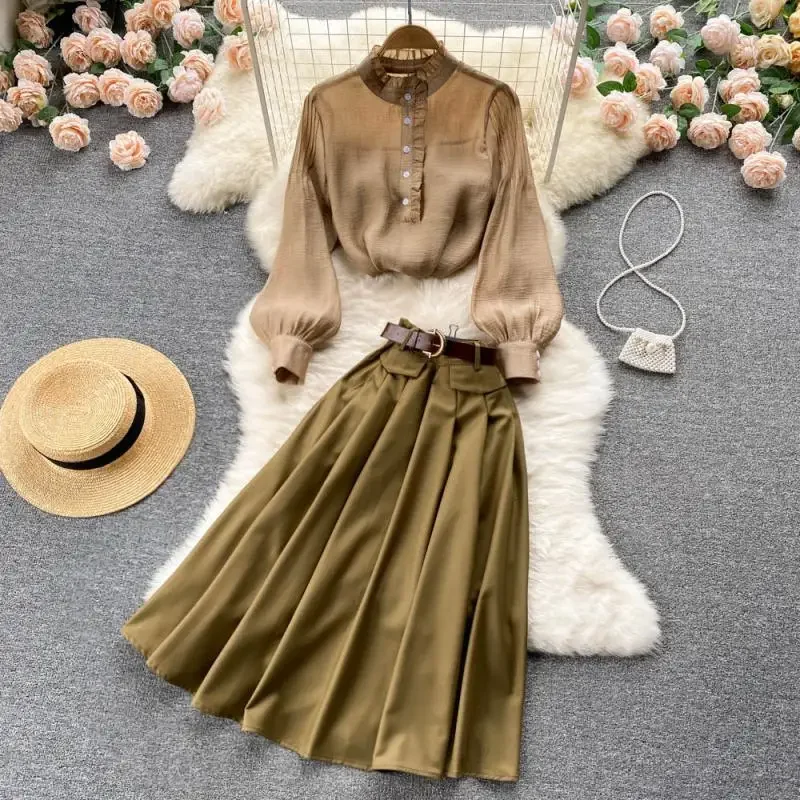 Elegant Long Sleeves Vintage Stand Collar Blouse Slim High Waist Belt Pleated Skirt French Office Lady High Street Autumn Sets