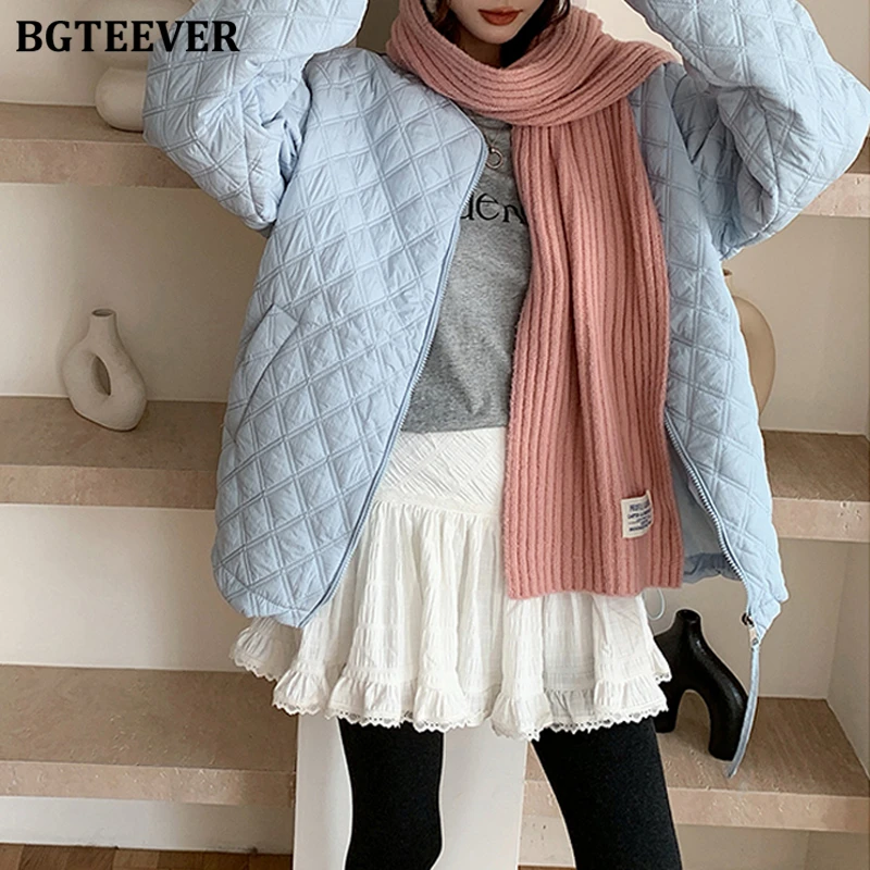 

BGTEEVER Autumn Winter Warm Loose Pockets Female Argyle Cotton Padded Coats Casual Long Sleeve O-neck Ladies Zipper Up Parkas
