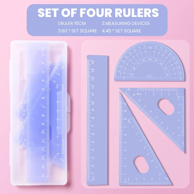 4pcs Rulers Set Triangle Straight Ruler For Students Geometry Maths Measuring Tool Drawing Compass Stationery School Supplies