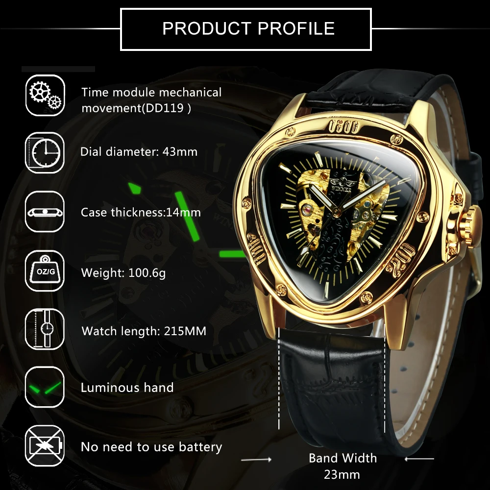 WINNER Military Triangle Skeleton Mechanical Watches for Men Luminous Hands Luxury Brand Leather Belt Sport Gold Automatic Watch