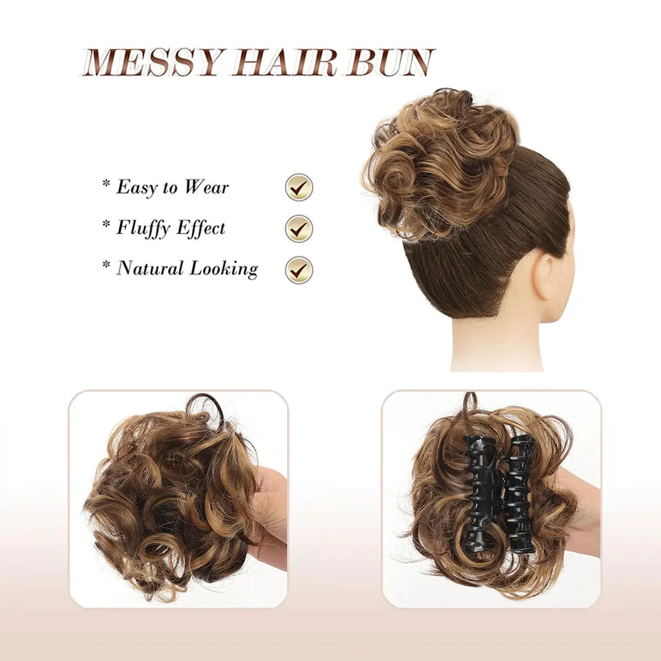 OLA Synthetic Chignon Messy Bun Claw Clip in Hair Piece Wavy Curly Hair Bun Ponytail Extensions Scrunchie Hairpieces for Women