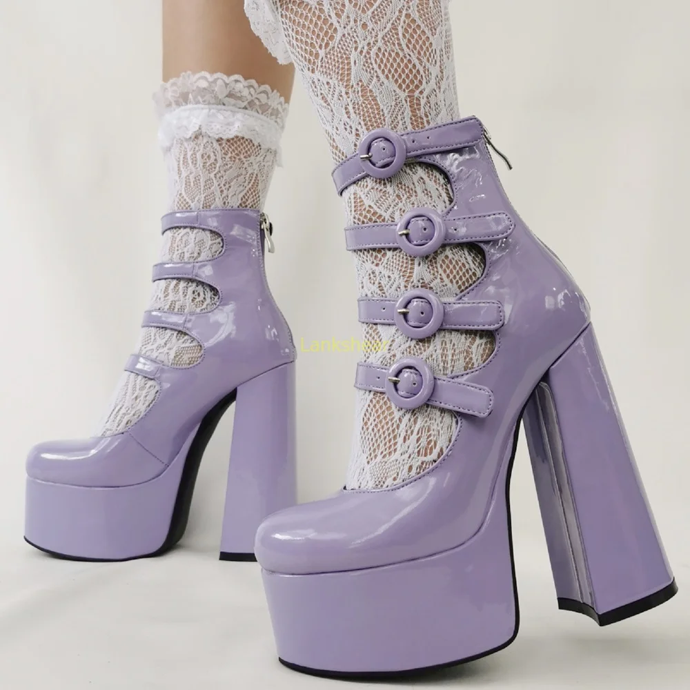 

Platform Patent Leather Buckle Strap Sandals Sexy Round Toe Square Heel Solid New Arrivals Fashion Women Runway Shoes