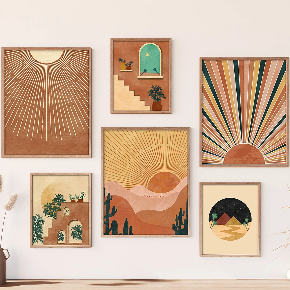 1pc frameless Canvas Painting Boho Landscape Wall Art Pictures Terracotta Sunset Hill Desert Abstract Canvas Painting Posters Pr