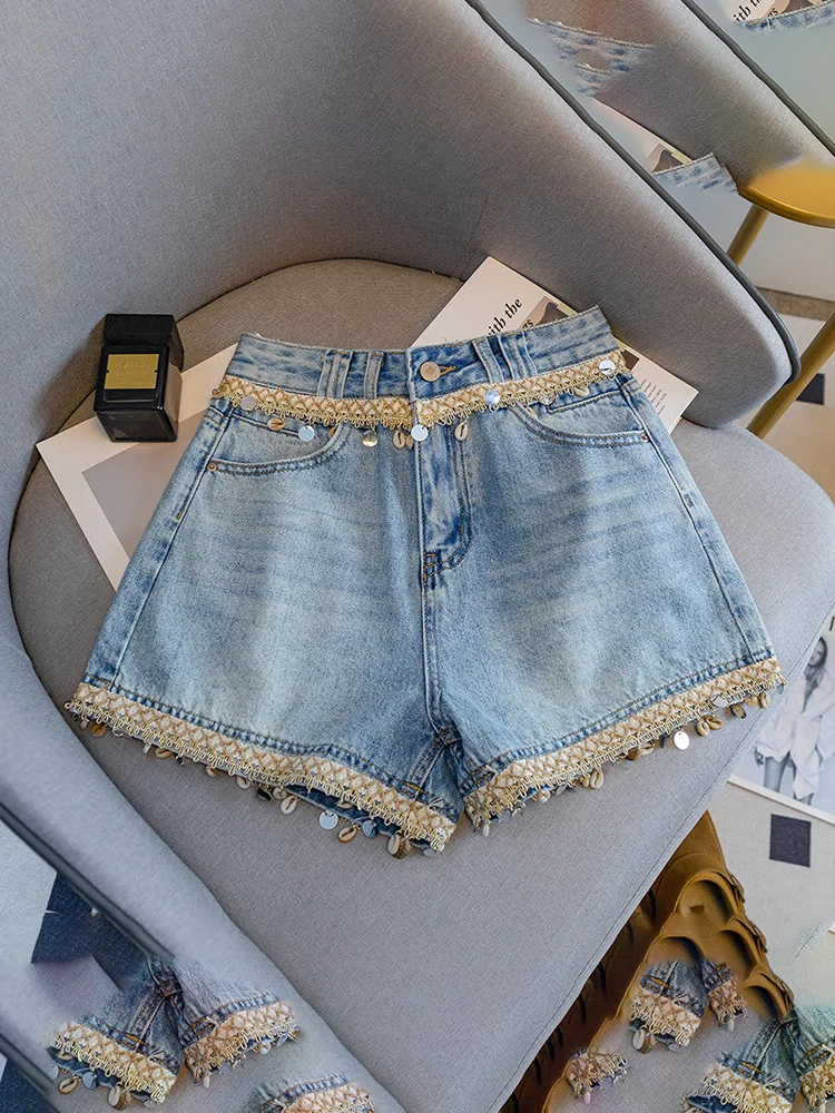Boho Chic Kleidung für Frauen Jorts Retro Hohe Taille Breite Bein Jeans Shorts Shell Pailletten Quaste Design Trendy Stilvolle Shorts Denim
