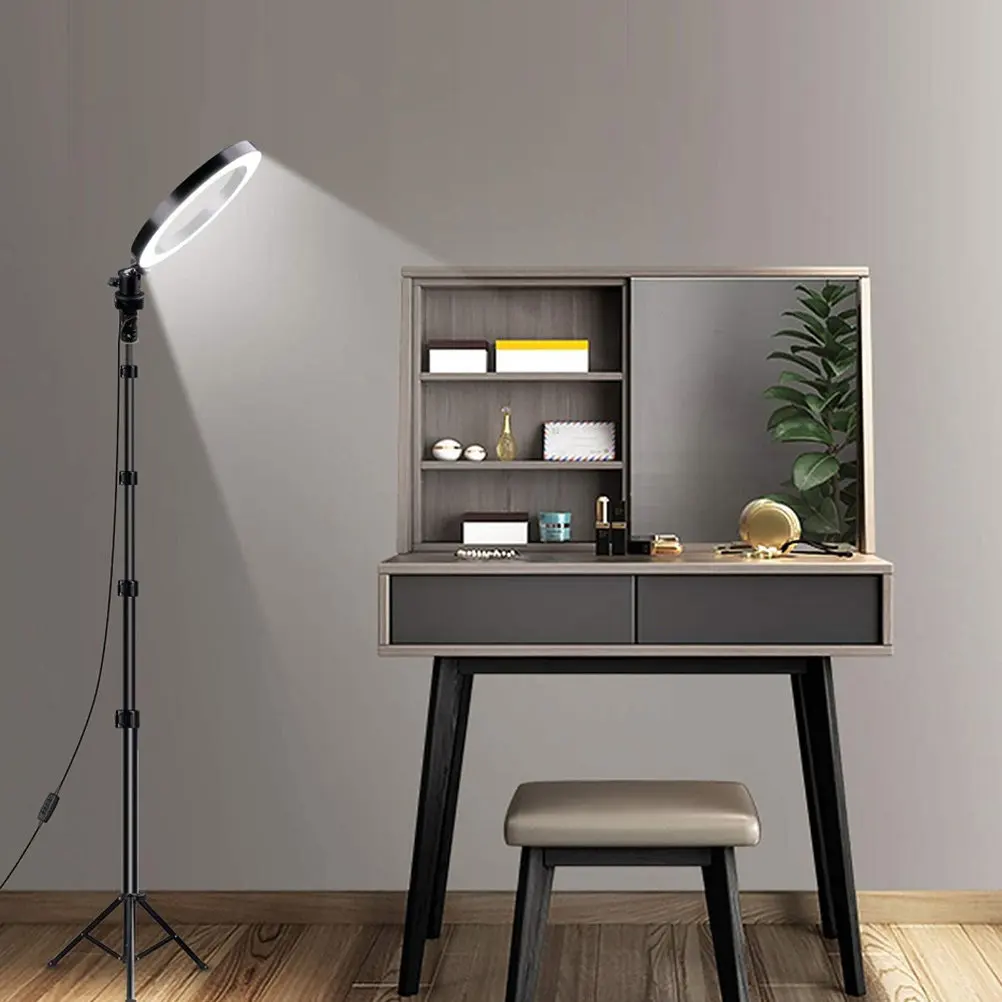 

1 комплект светодиодных кольцевых ламп, круглый светильник, черный, универсальный, для фотографии, видео, макияжа, 3 режима, регулируемый угол, совместим со смартфонами