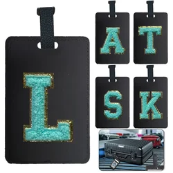 Initial Chenille Pu Luggage Tag Durable Suitcase Id Card Holder Card Cover Initial Chenille Name A-Z 26 Letters Green Pattern