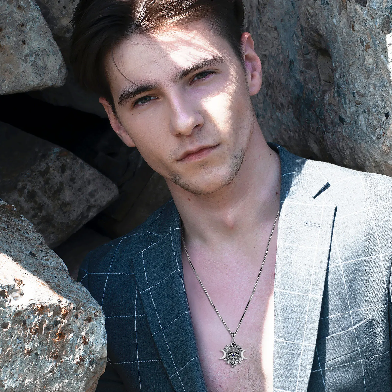 AEONSLOVE 925 Sterling Silver Triple Moon Goddess Necklace Vintage Evil Eye Rose Crescent Pendant Witch Pagan Jewelry for Women