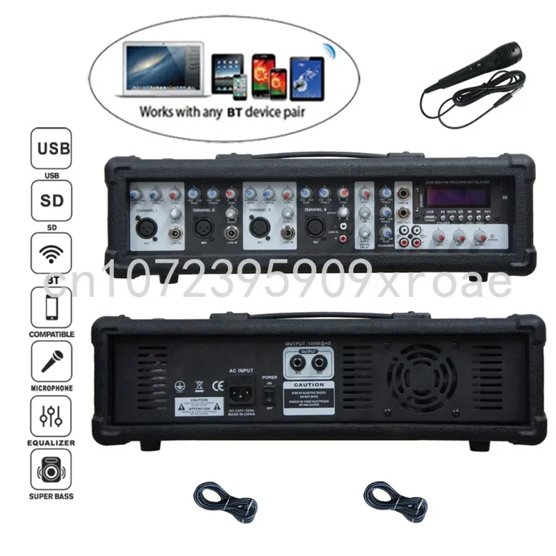 Professional Audio Subwoofer, PA Speaker System, BT, TWS, Karaoke Sets, 4 Channel Powered Mixer Sound Box, 1200W, 2X15\