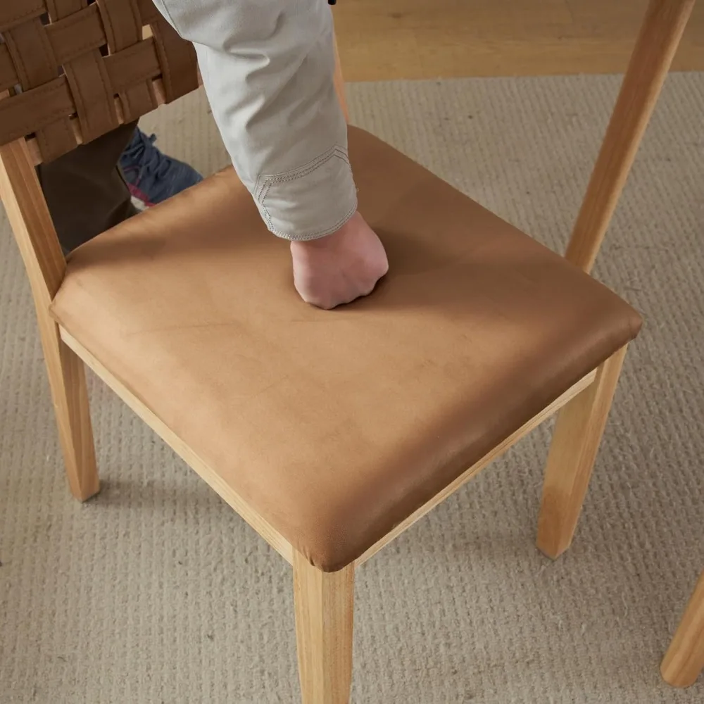 زوج من كراسي تناول الطعام الخشبية المنسوجة باللون البني العتيق، كراسي مكتب حديثة بدون ذراعين مع مسامير وأوتاد قدم، منجدة بعيدًا