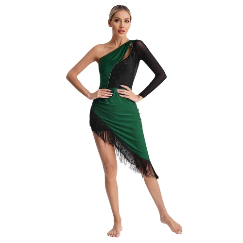 Imagen 2 del producto Vestido de baile latino con lentejuelas, vestido de baile de Tango Cha, borla de Cabaret para mujer, diamantes de imitación brillantes, vestido de salón de graduación con un hombro