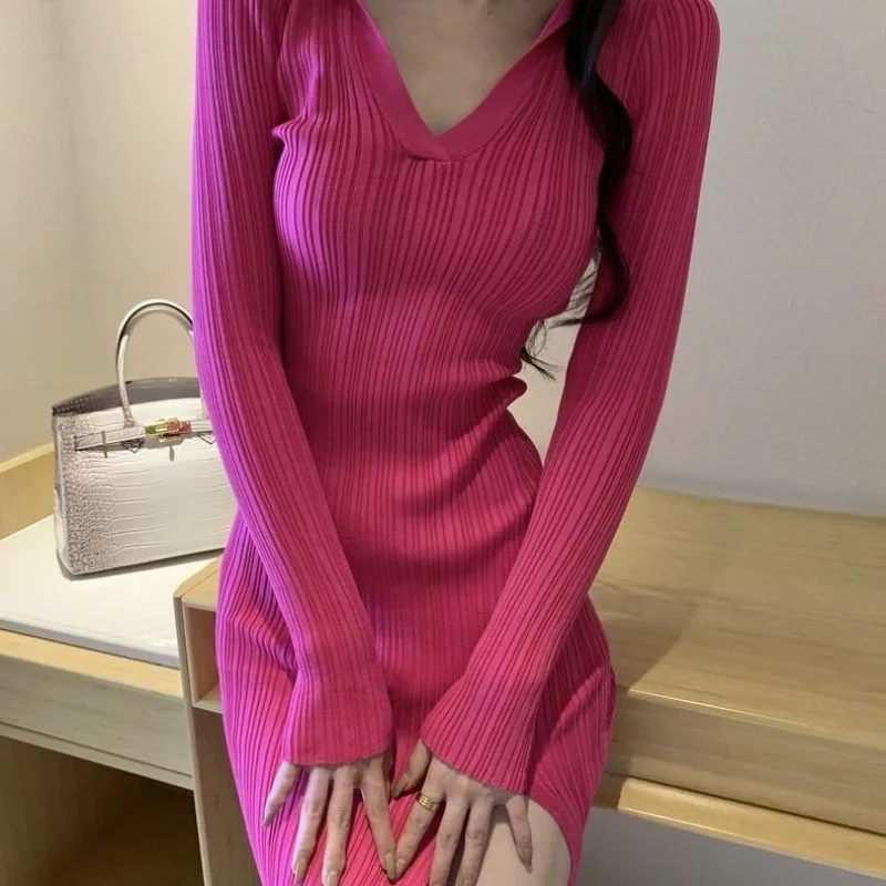 Women's Spring and Autumn New Fashion Elegant Solid Color V-neck Style Versatile Long Sleeved Slim Fit Mid Length Split Dress