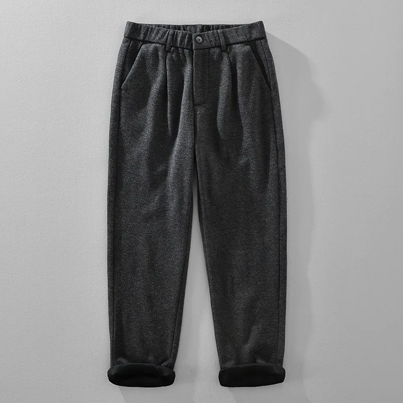 

Thiened Fce Warm Casual Pants Men's Busin Commute High End Wool Blend Elastic Straight Leg Long Pants Autumn Winter
