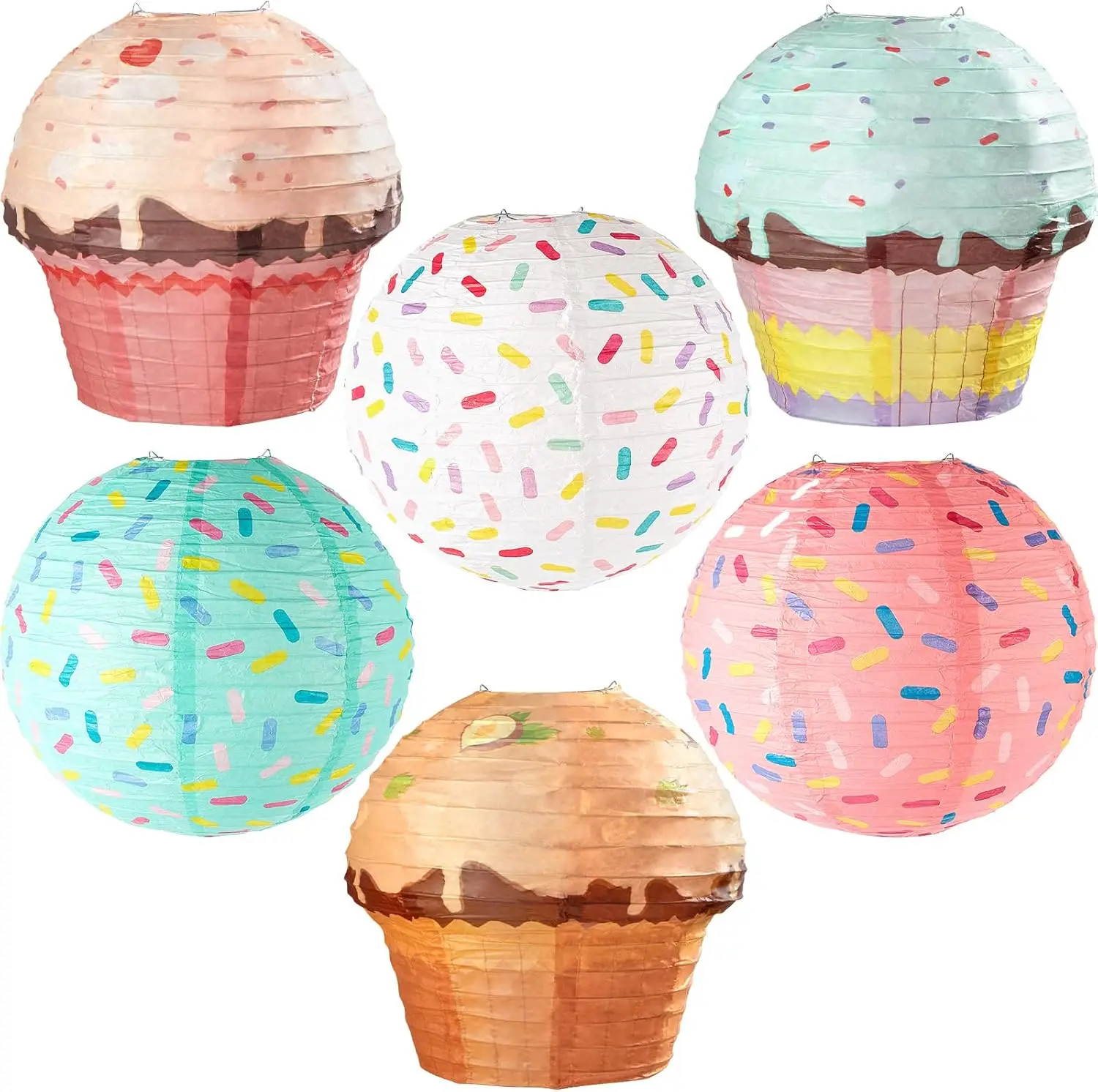 

6 Pcs Donut & Cupcake Hanging Paper Lanterns for Sprinkle Party Decorations Birthday Baby Shower Supplies