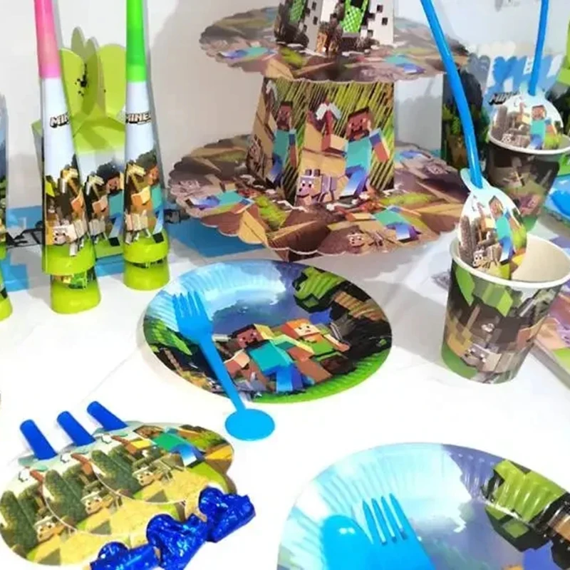 Hot Minecrafte Party Decoration Pixel Set Supplies Flags Pulling Cake Paper Card Cup Insertion Signature Party for Birthday Toys