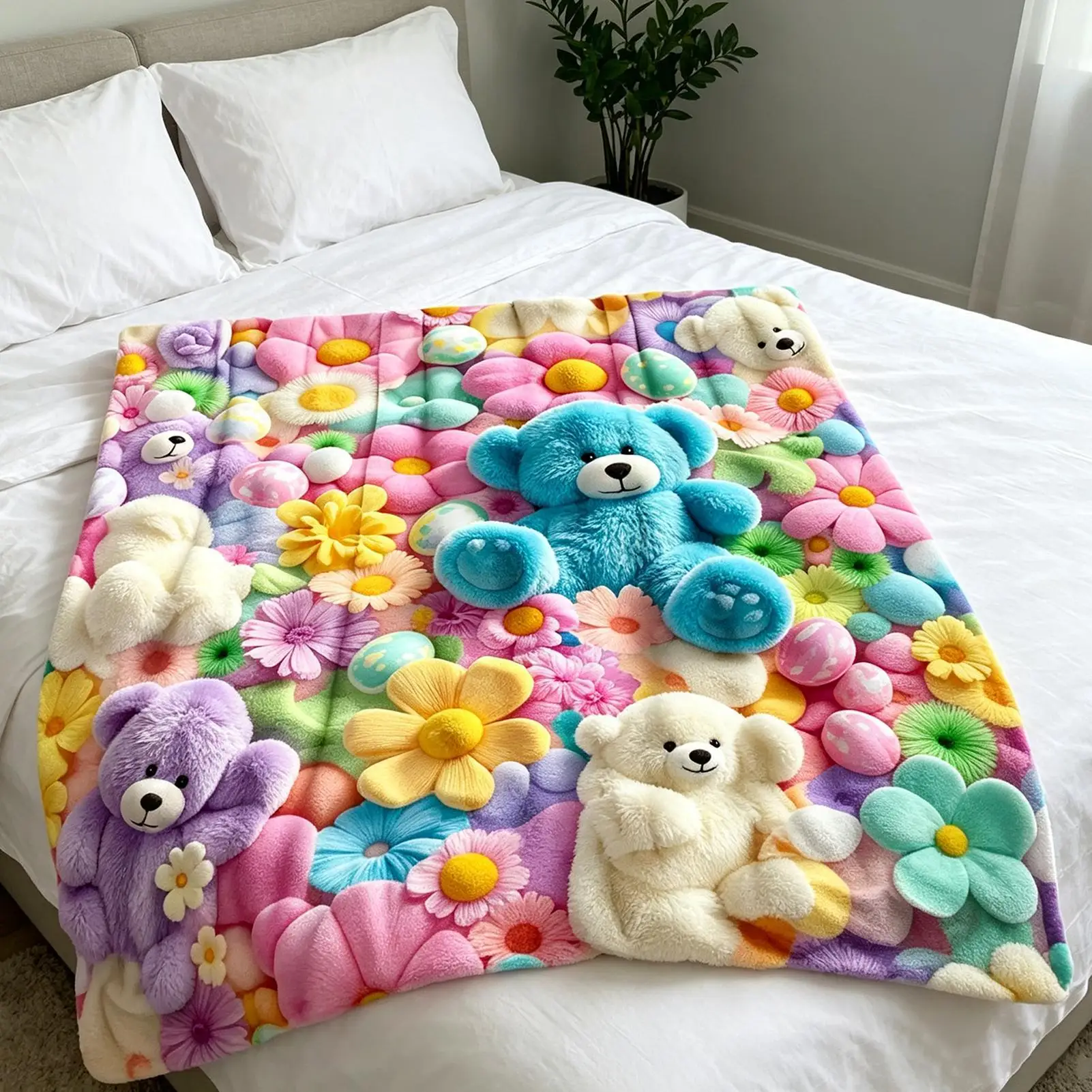 3D Fluffy Teddy Bear Floral Egg Pastel Print Flannel Blanket Soft And Comfortable All-Season Blanket Suitable Travel Blankets - view 5