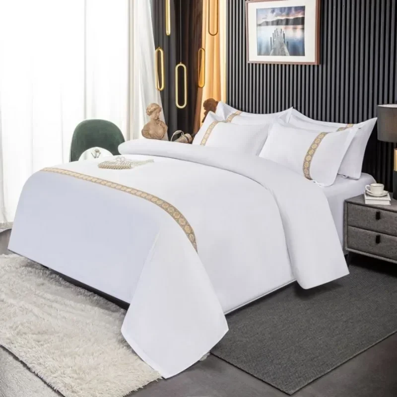 

New 140g twill thickened hotel four-piece hotel linen pure white single quilt set webbing hotel bed and breakfast