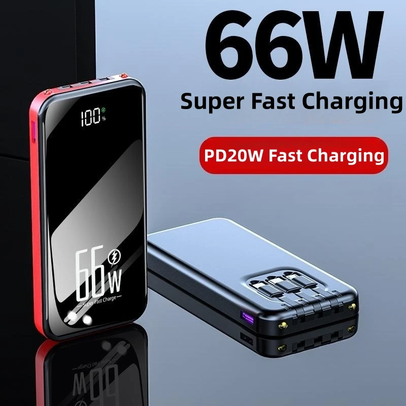 66W Super Fast Charging Power Bank 20000mAh Mirror Screen Portable Charger with Removable Cable Powerbank for iPhone 15 Samsung