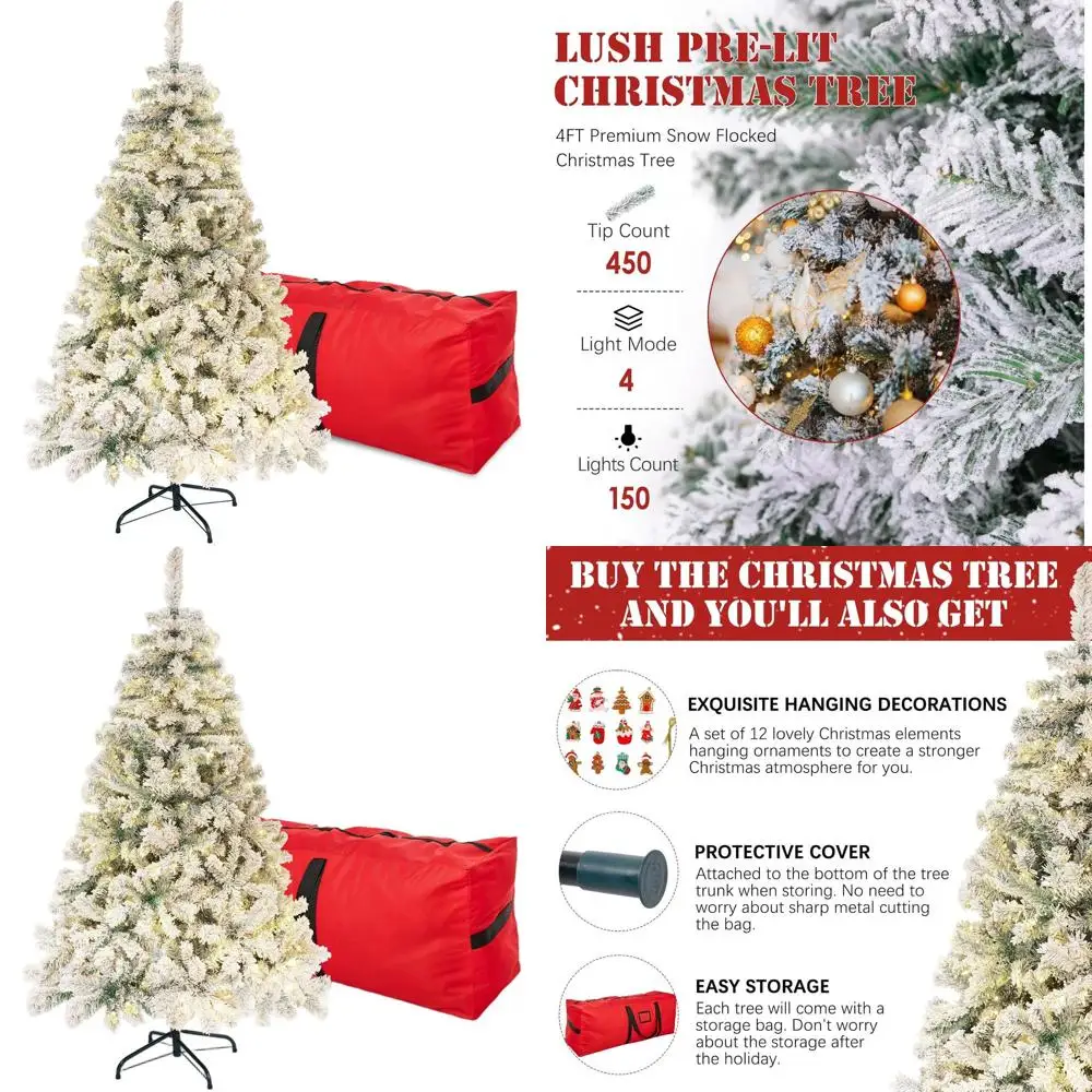 

4-Foot Pre-Lit Snowy Christmas Tree with 450 Tips and 150 Lights, Foldable for Holiday Decor