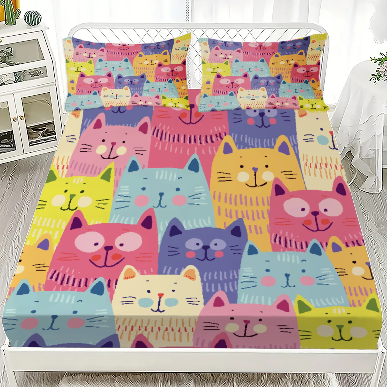 

3pcs Colorful Cats Fitted Sheet Cartoon Cat Pattern 3D Print Gifts For Students Girls 100% Polyester Flat Sheet With Pillowcases