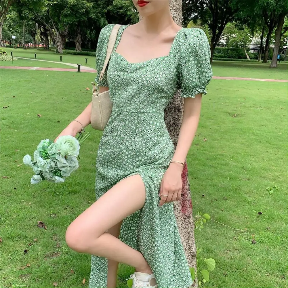 

Women Summer Dress Bubble Sleeves High Split Loose Hem Square Neck Flower Print Dating Shirring Tight Waist Women Midi Dress Fem