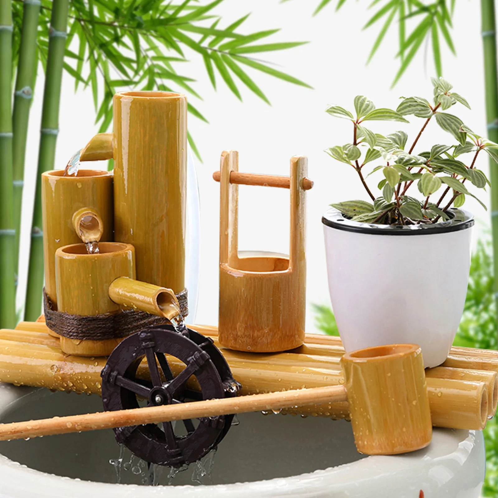 Bamboo Garden Water Fountain with Pump, Home&Tabletop Decor,11.8 Inch,Water Wheel,Indoor&Outdoor Decoration,Smooth