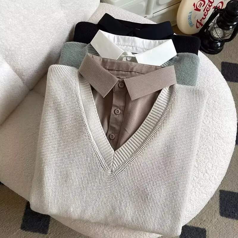 

Мужской длинный вязаный свитер с внутренней стороны Sve irt College Sle Jaet, осенний верх, многослойный вид, повседневная одежда из полиэфирного волокна