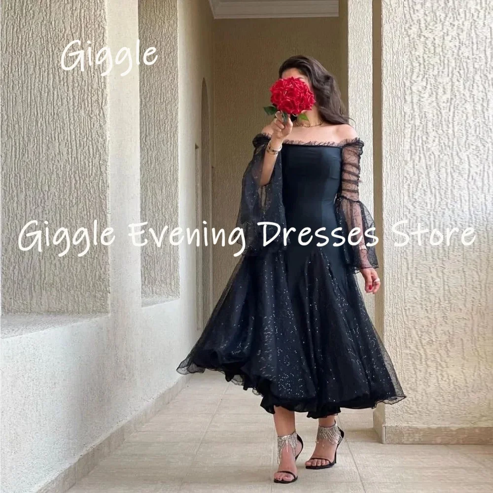 Giggle Tulle Off-the-spalla a-line Ruffle Lace abito da ballo formale lunghezza del tè abiti da sera eleganti per le donne 2023