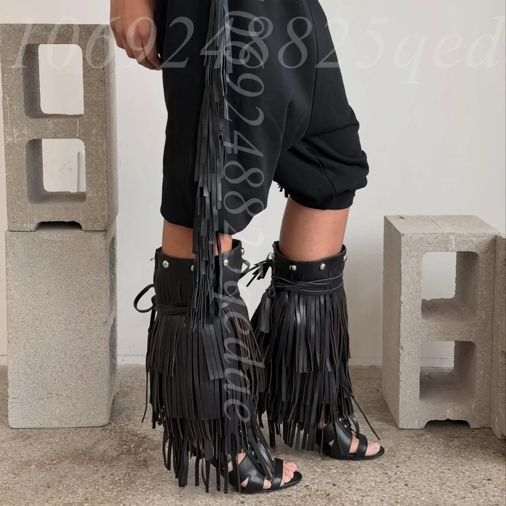 

Women's Fringe Knee High Gladiator Sandals, Studded Open Toe High Heels Boots, Bohemian Style Fashion Footwear for Trendy Women