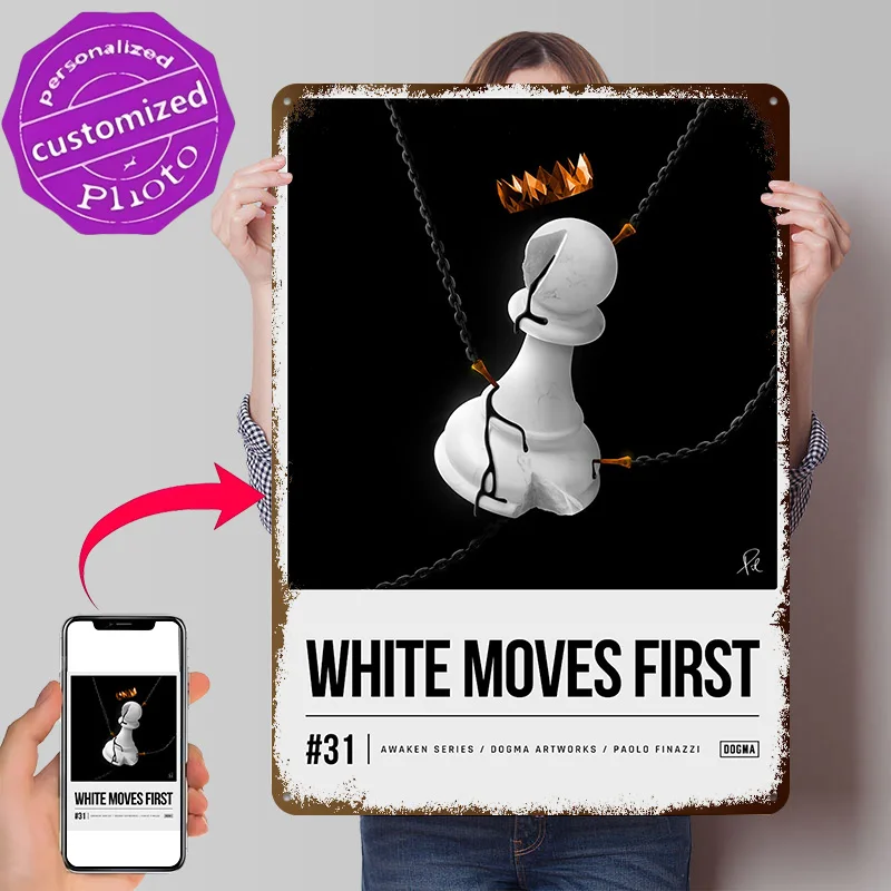 White Moves First Poster Retro 3D Printed Metal Signs Customized Wall Hanging Gift for Room Decorating Interior Bathroom Decor