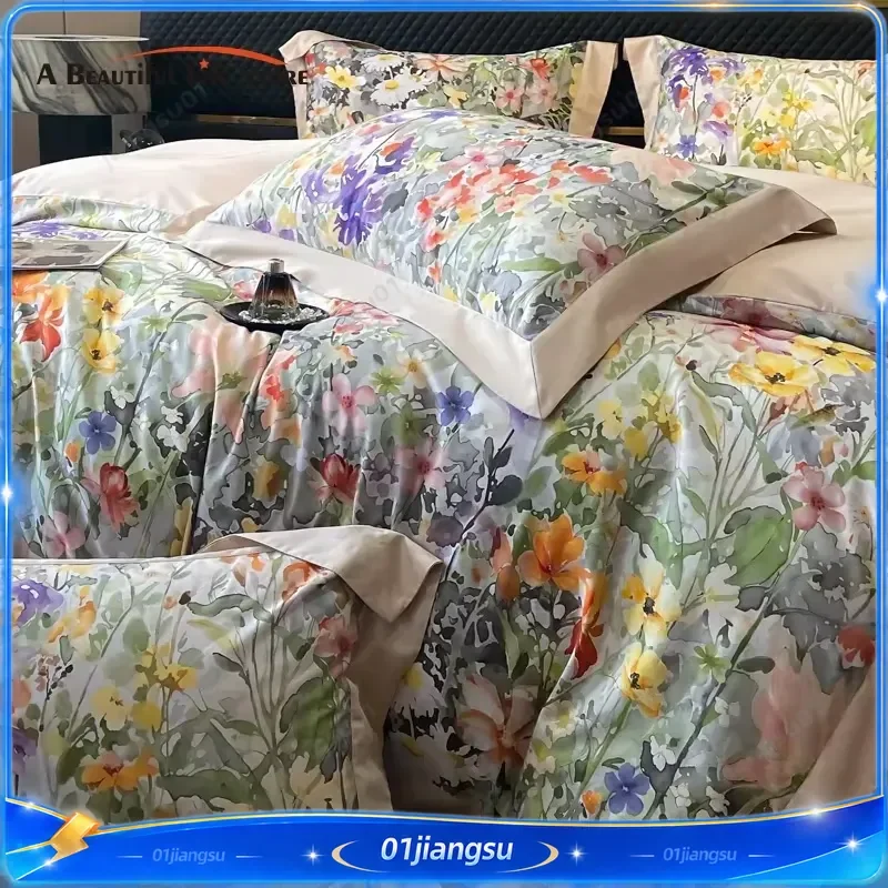 Floral Print 600TC Egyptian Cotton Bedding Set Queen King Soft Duvet Cover Flat Fitted Sheet Pillowcases Luxury Home Textile