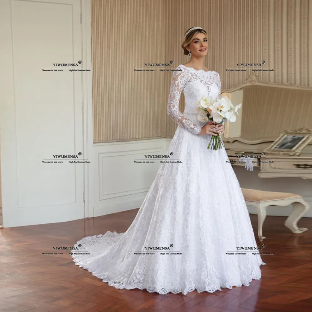 Romantic A Line Wedding Dresses Lace Appliqued Bridal Gowns Customized Long Sleeves Backless Bride Party Dress Vestido De Novias