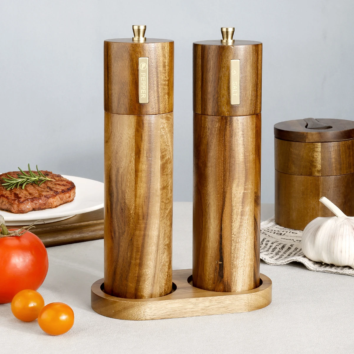 1 unidad - Molinillo manual de madera maciza de acacia para pimienta negra, sal marina y sal rosa, botella para condimentos