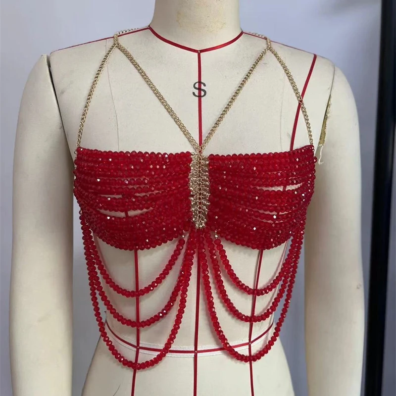 Handgefertigtes geometrisches Körperketten-Camisole mit Quasten, verstellbarer Bikini-BH, sexy Party-Crop-Top für Damen, mehrlagiges Y2K Tank-Top – Detail 6