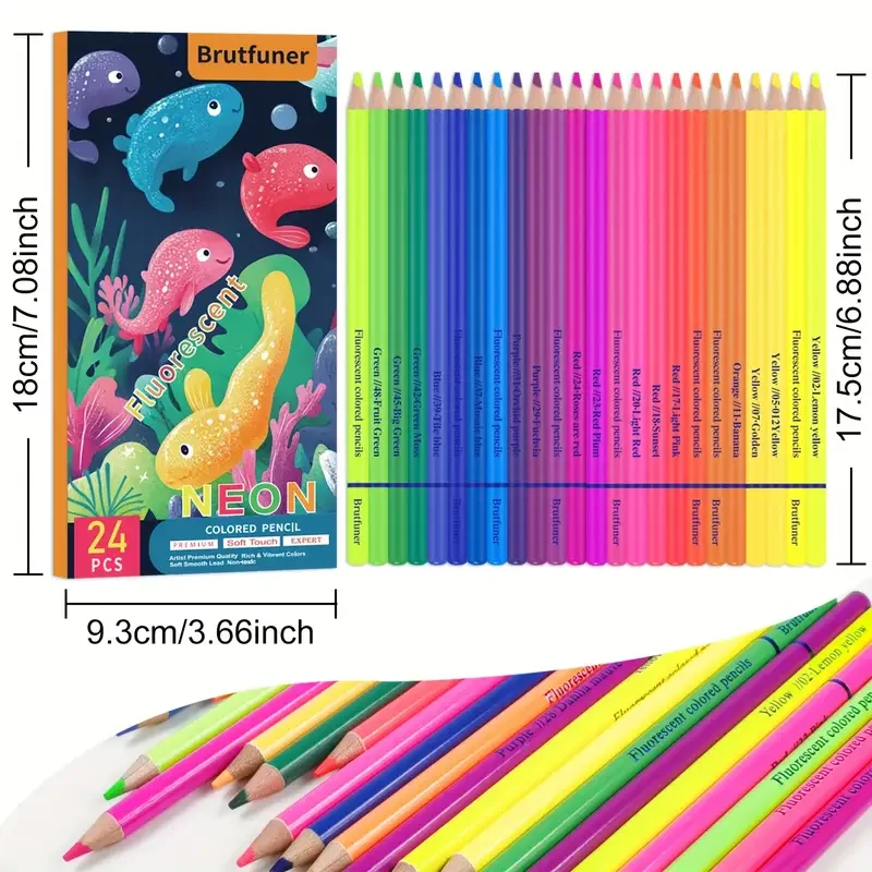 Brutfuner 24 fluorescent oil-based colored pencils, fluorescent colored pencils, Artists Soft Core with Vibrant Color, sketching