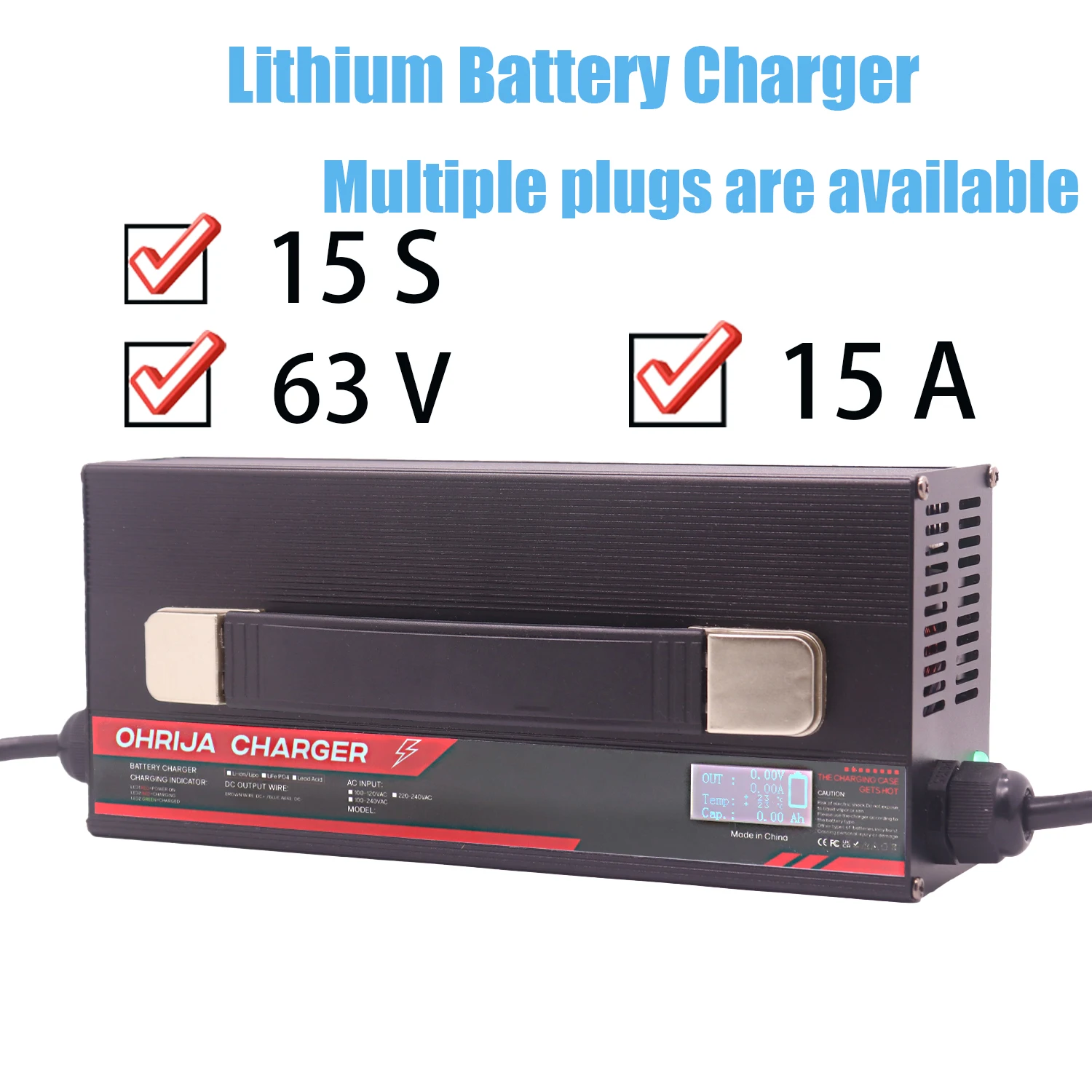 

OHRIJA 63V 15A High power Aluminum Shell LCD Li-ion Battery Charger is Suitable 15S 60V Battery Fast Charging Heat dissipation