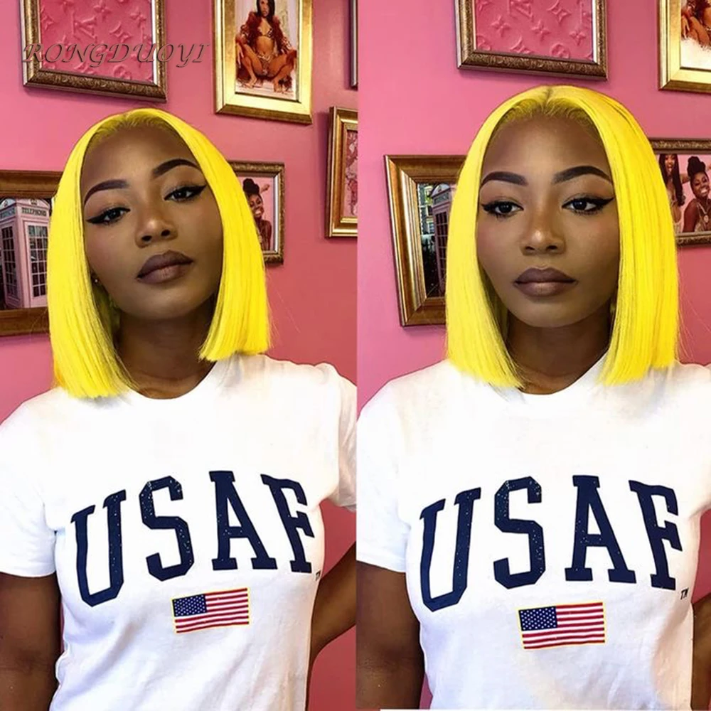 Yellow Bob Short Wig Synthetic Frontal Lace Wig Heat Resistant Fiber Middle Part Natural Hairline Yellow Lace Wig Lace Daily