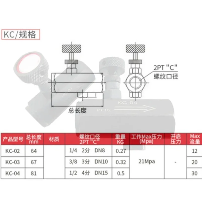 KC one-way throttle valve hydraulic speed control valve flow control valve KC-02 KC-03 KC-04 06