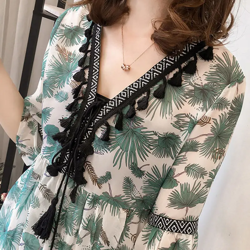 Stylish Tassel Vintage Printed Shirt Female Clothing Folk Waist Summer Casual Patchwork Loose V-Neck Commute 3/4 Sleeve Blouse