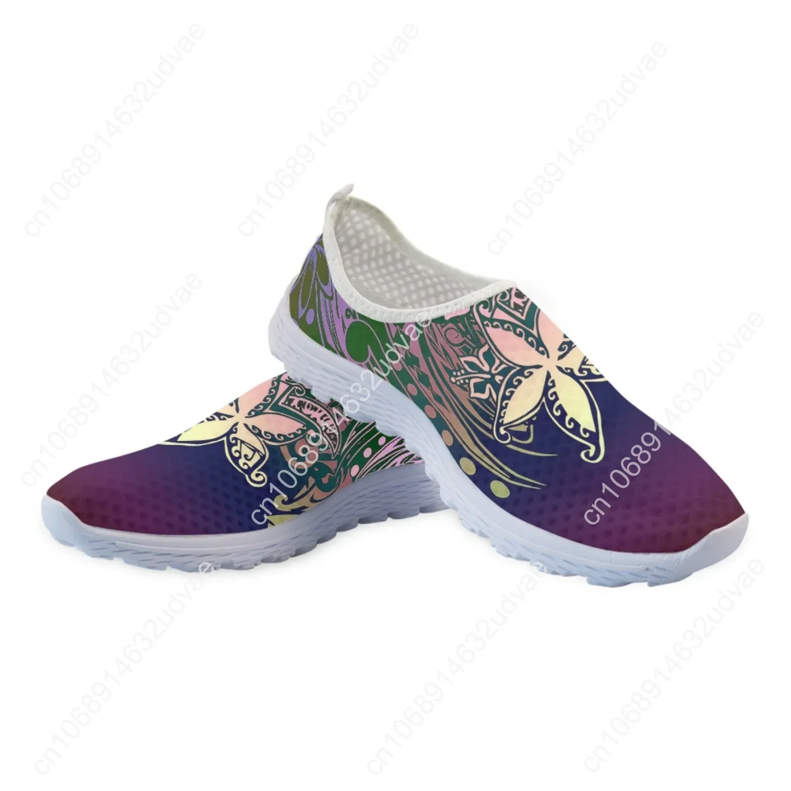 Mocassins de malha casuais femininos, estampados de flores de pluméria tribal polinésia, tênis slip-on leves, verão fresco