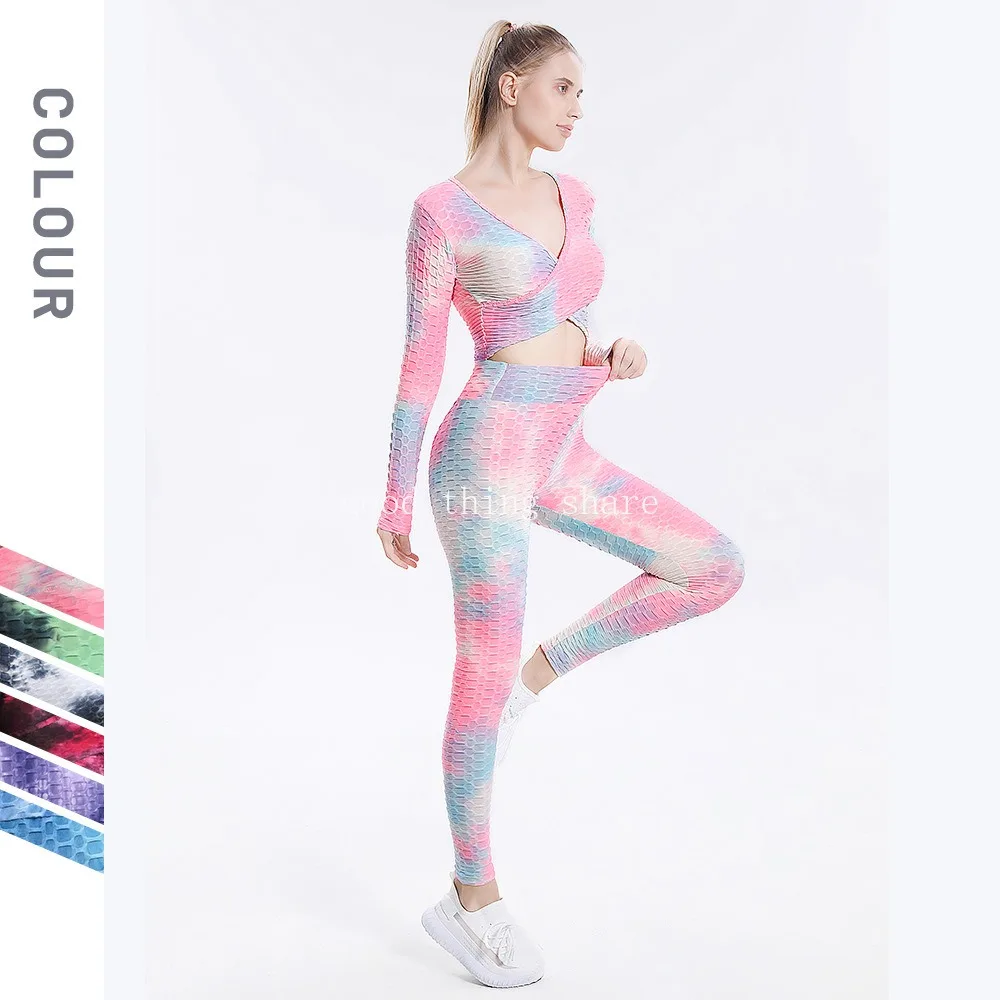 Tie-Dye Yoga Suit Women's Crossover Tops High Waist Stretch Tight Yoga Trousers Fitness Suit