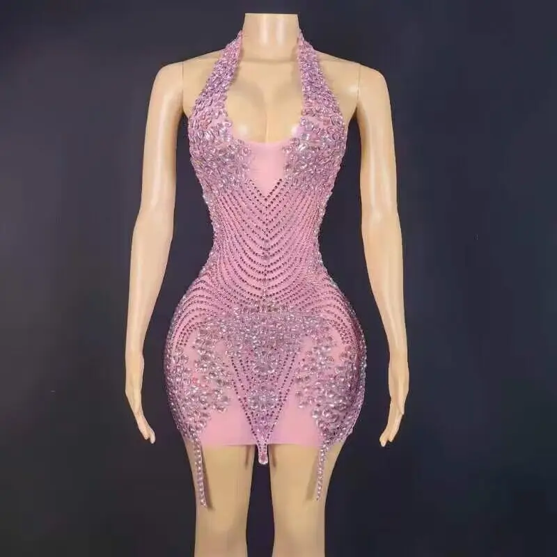 Strass Backless Vestidos Transparentes, Sexy Celebrar Vestidos, Roupa De Dança De Aniversário, Vestido De Festa De Baile, Rosa, Preto, Prata, Vermelho, 5 Cores