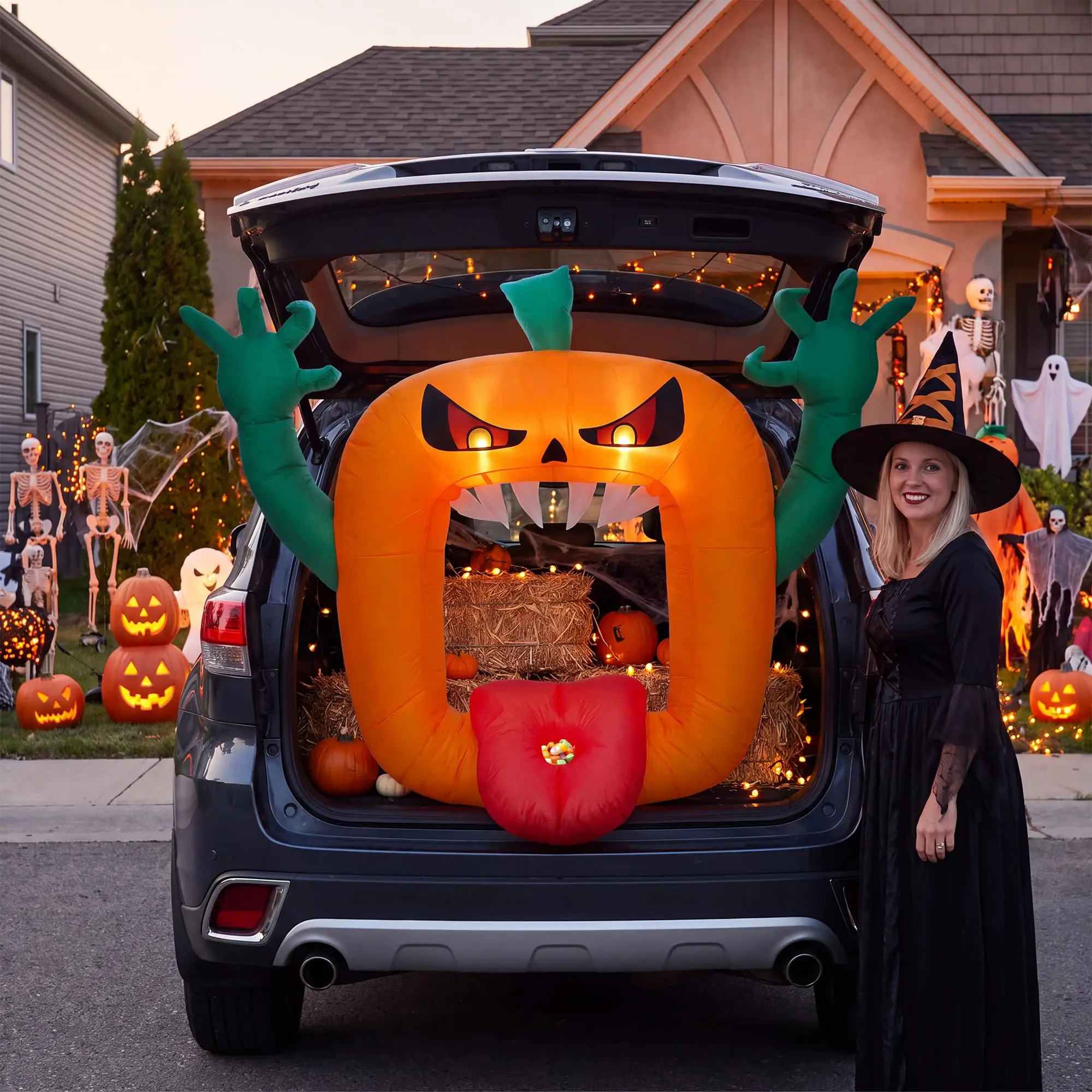 6Ft Halloween Inflatable Pumpkin With Led Lights For Outdoor Yard Car Trunk Or Treat Decor 180Cm Wide 210T Polyester 08A Fan
