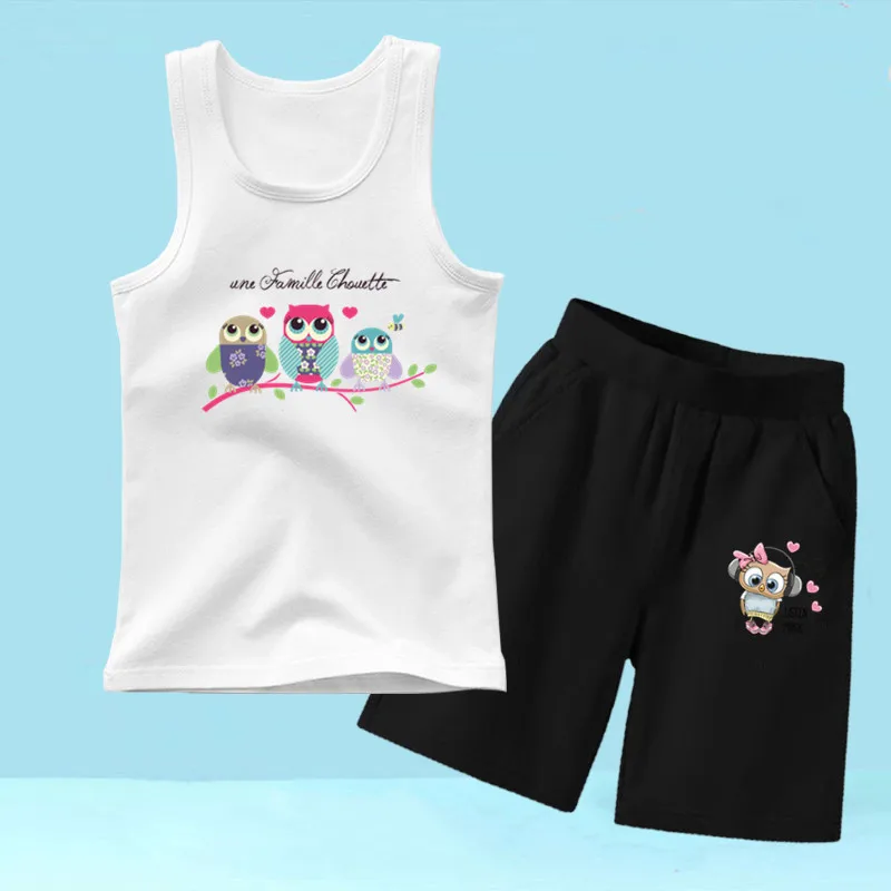 3-14T Girls Clothing Vest Suit Kids 2PCS Summer Cute Owl T-Shirts And Shorts Outfits Girls Sleeveless Beach Clothes Set
