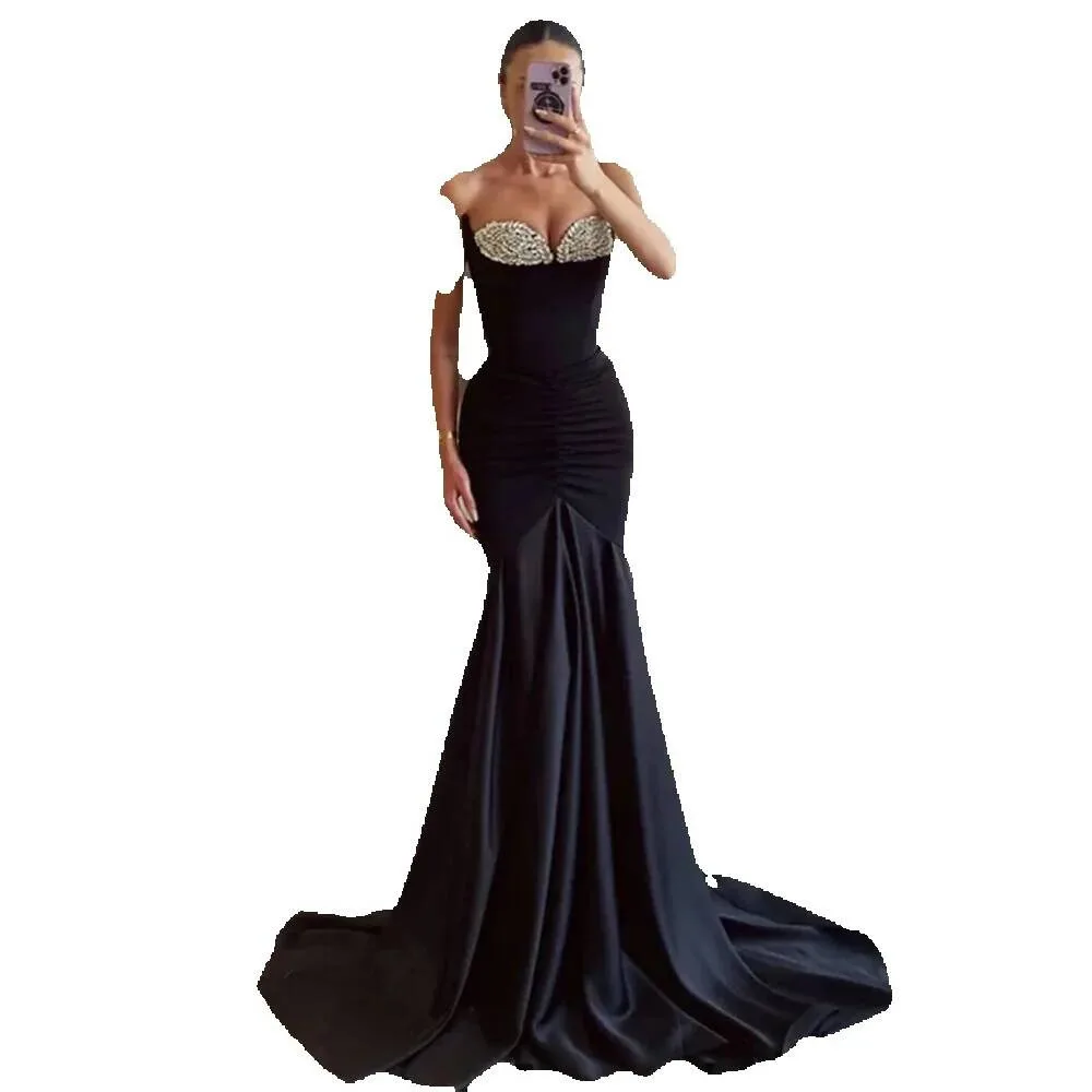 

Satin Mermaid Strapless Robes De Soirée Sleeveless Pleats Floor-Lenght Evening Dresses Valentines Day Wedding Dress Customized