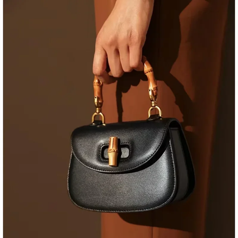 

2025 Niche Design Cowhide High-end Single-shoulder Crossbody Bag Fashion Women Handbag Genuine Leather Bamboo Handle Saddle Bags